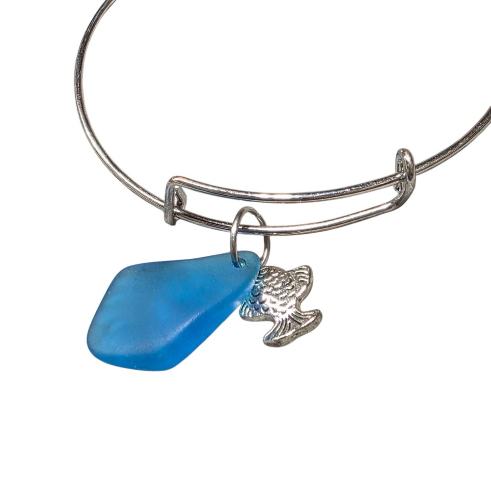Bangle Bracelet Blue Stone Fish‎ Charm Silver Tone